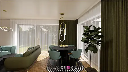 Jadalnia w stylu art deco z zielonymi krzesłami i drewnianym stołem