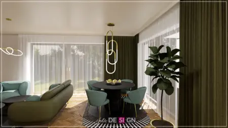 Jadalnia w stylu art deco z zielonymi krzesłami i drewnianym stołem