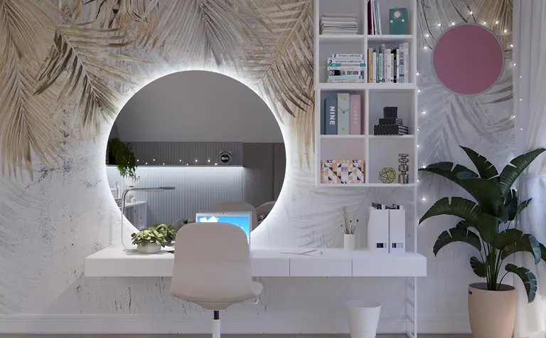 Wnętrze biura z białym biurkiem, roślinami, nowoczesnymi akcesoriami, boho i skandynawskim stylem.