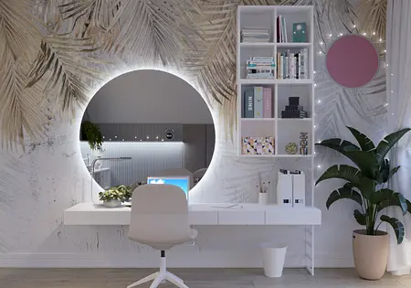 Wnętrze biura z białym biurkiem, roślinami, nowoczesnymi akcesoriami, boho i skandynawskim stylem.