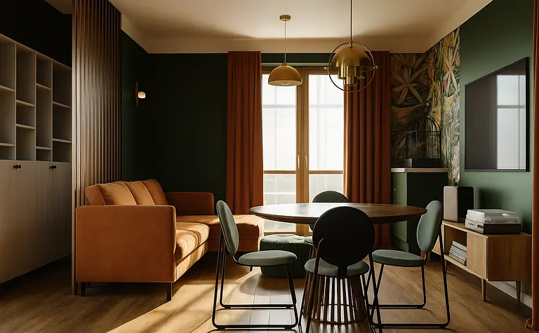 Wnętrze salonu w stylu art deco z brązową sofą i zielonymi detalami.