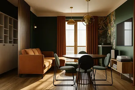 Wnętrze salonu w stylu art deco z brązową sofą i zielonymi detalami.