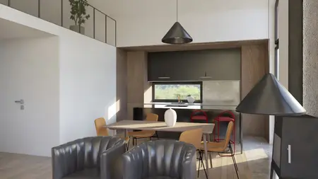Kuchnia w stylu eklektycznym z nowoczesnymi meblami, soft minimalizm.