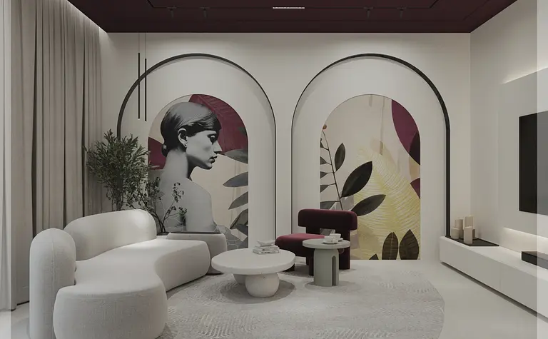 Wnętrze z art deco, minimalistycznym stylem i quiet luxury, z jasną sofą i roślinami.