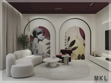 Wnętrze z art deco, minimalistycznym stylem i quiet luxury, z jasną sofą i roślinami.