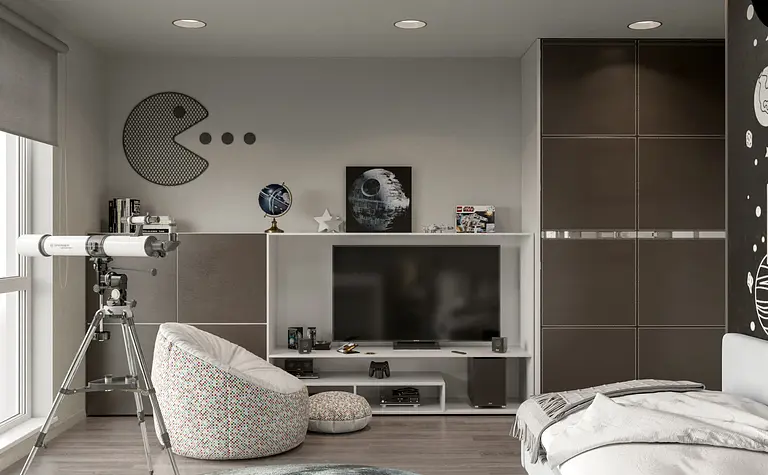 Wnętrze pokoju z teleskopem, telewizorem i stylowymi dekoracjami art deco, minimalistycznymi i eklektycznymi.