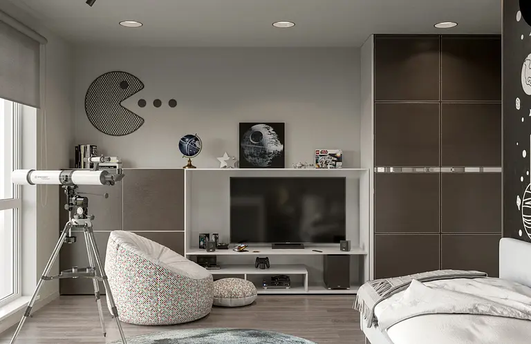 Wnętrze pokoju z teleskopem, telewizorem i stylowymi dekoracjami art deco, minimalistycznymi i eklektycznymi.