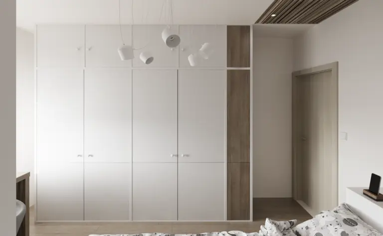 Garderoba w stylach industrialnym, japandi i minimalistycznym z białymi meblami.