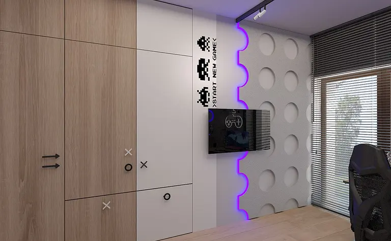 Pokój gier z drewnianą szafą, szarymi ścianami i nowoczesnym telewizorem. Styl industrialny i minimalistyczny.