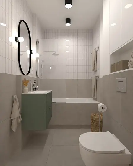 Nowoczesna łazienka z zieloną szafką i vintage akcentami, skandynawski styl.