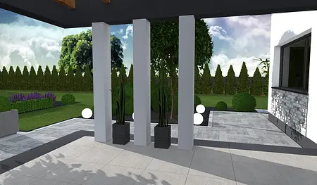 Taras w stylu industrialnym z roślinami, minimalistycznymi detalami oraz nowoczesnymi akcentami.