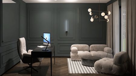 Nowoczesny gabinet z szarymi ścianami i meblami w stylu quiet luxury.