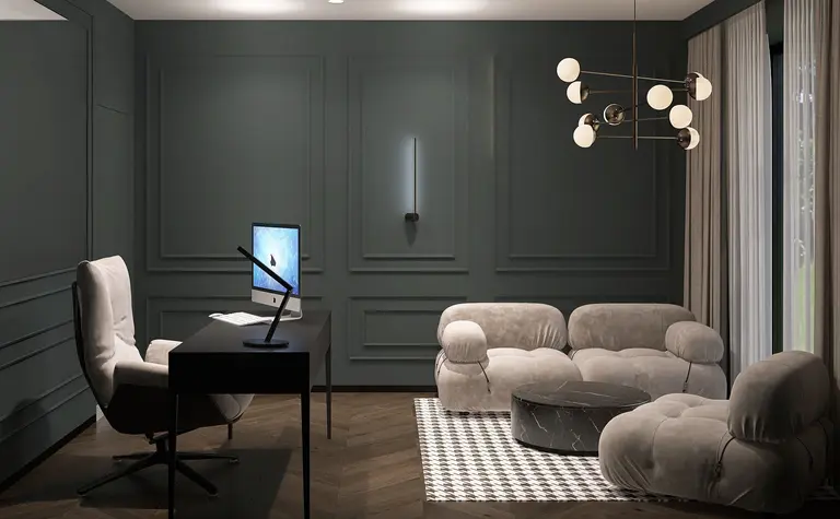 Nowoczesny gabinet z szarymi ścianami i meblami w stylu quiet luxury.