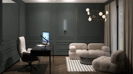 Nowoczesny gabinet z szarymi ścianami i meblami w stylu quiet luxury.