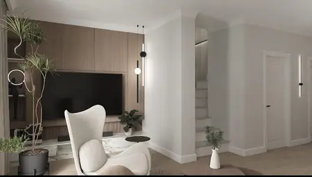 Wnętrze minimalistycznego salonu z drewnianą ścianą i roślinami.
