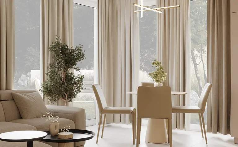 Wnętrze jadalni w stylu japandi z minimalistycznym wystrojem i nowoczesnym oświetleniem.