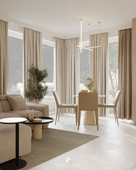 Wnętrze jadalni w stylu japandi z minimalistycznym wystrojem i nowoczesnym oświetleniem.