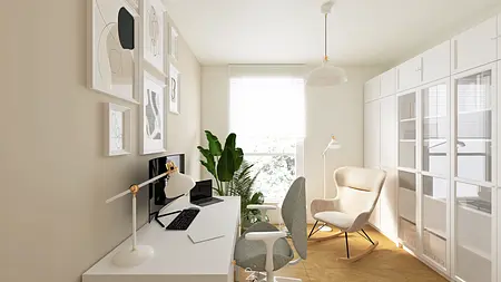 Wnętrze gabinetu w stylu art deco i boho z białymi meblami.