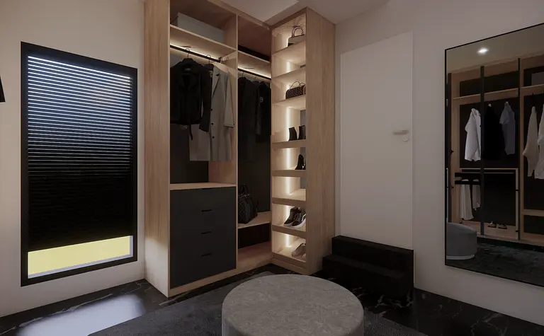 Garderoba z minimalistycznym designem, drewniane półki i nowoczesne oświetlenie