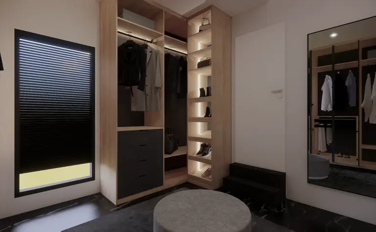 Garderoba z minimalistycznym designem, drewniane półki i nowoczesne oświetlenie