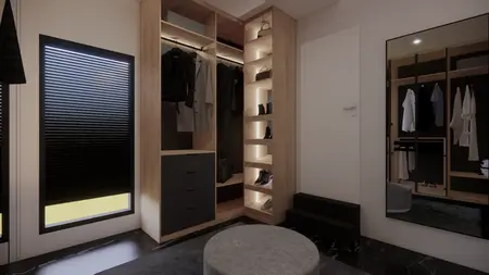Garderoba z minimalistycznym designem, drewniane półki i nowoczesne oświetlenie