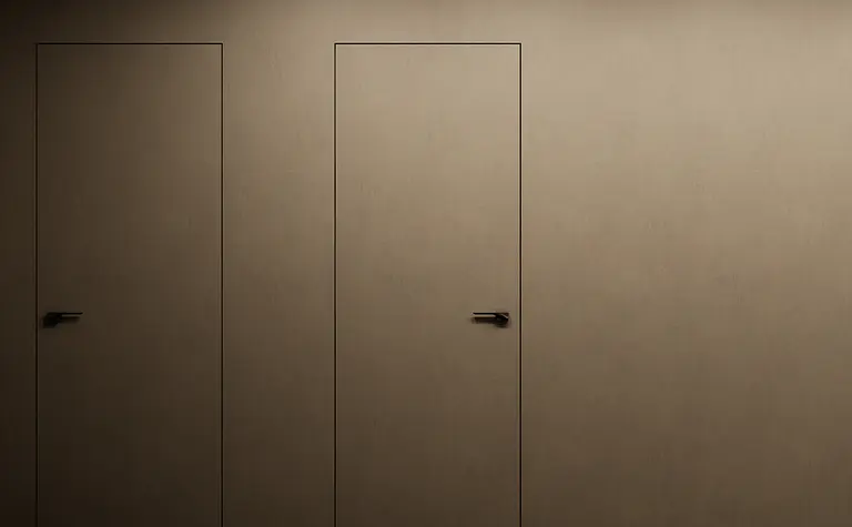 Minimalistyczne wnętrze z brązowymi drzwiami i ścianami w nowoczesnym stylu.