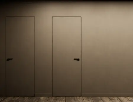 Minimalistyczne wnętrze z brązowymi drzwiami i ścianami w nowoczesnym stylu.