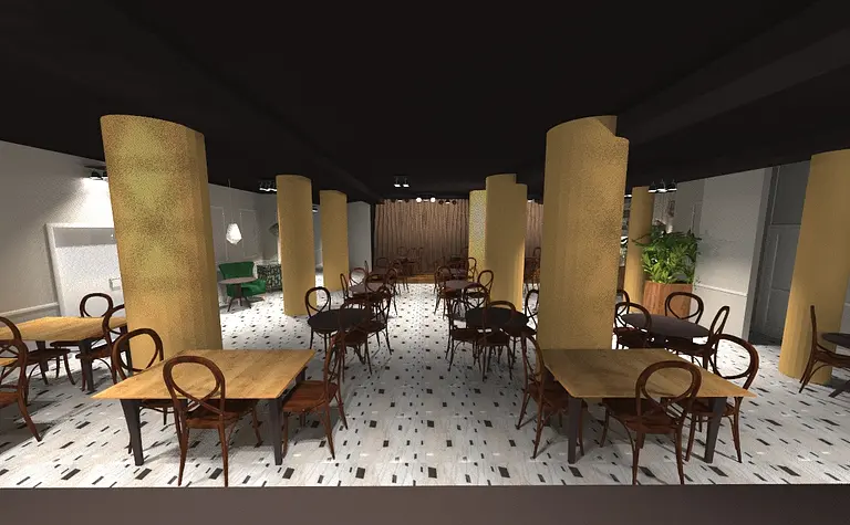 Wnętrze restauracji z eklektycznym stylem, drewniane stoły i roślinność.