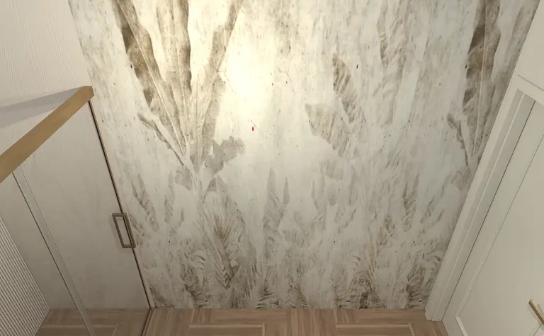 Wnętrze przedpokoju z beżowymi ścianami i drewnianą podłogą, styl współczesny.