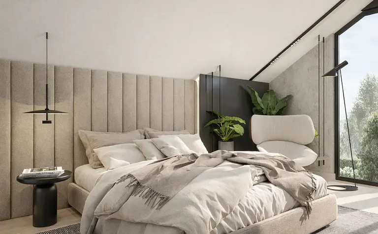 Nowoczesna sypialnia z szarym łóżkiem, minimalistycznym wystrojem i roślinami.