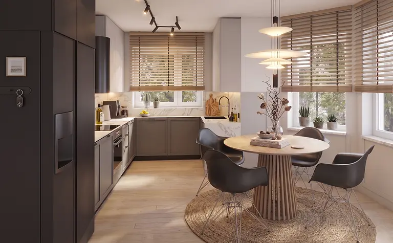 Kuchnia minimalistyczna z szarymi meblami i drewnianym blatem, styl minimaluxe.