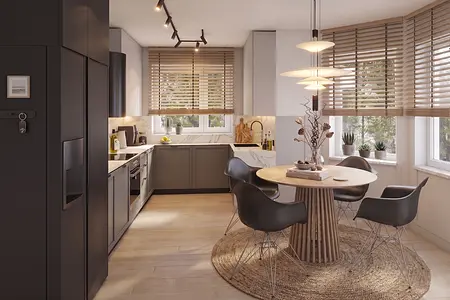 Kuchnia minimalistyczna z szarymi meblami i drewnianym blatem, styl minimaluxe.