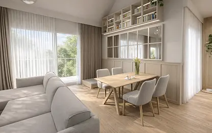 Wnętrze jadalni z minimalistycznym designem, drewnianym stołem i szarymi krzesłami.