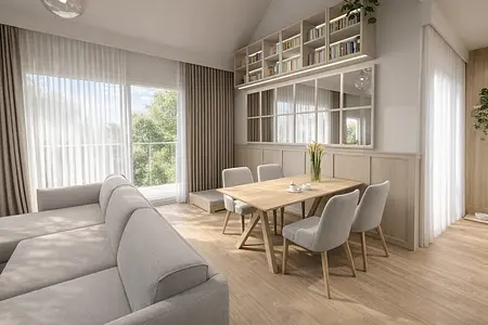 Wnętrze jadalni z minimalistycznym designem, drewnianym stołem i szarymi krzesłami.
