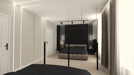 Wnętrze sypialni z czarnym łóżkiem oraz minimalistycznym designem.