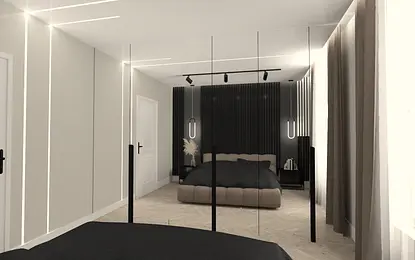 Wnętrze sypialni z czarnym łóżkiem oraz minimalistycznym designem.