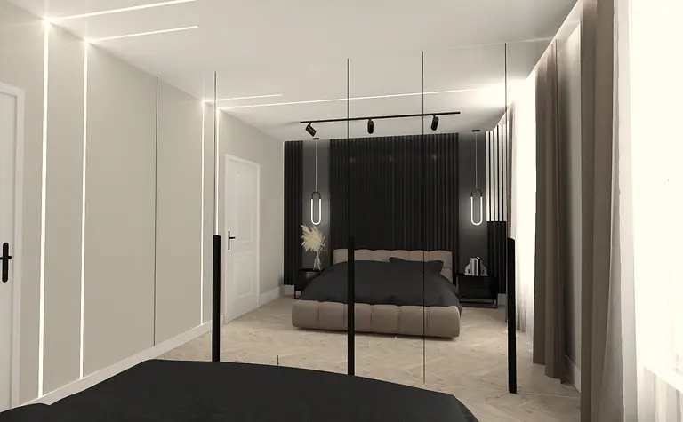 Wnętrze sypialni z czarnym łóżkiem oraz minimalistycznym designem.