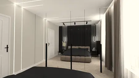 Wnętrze sypialni z czarnym łóżkiem oraz minimalistycznym designem.