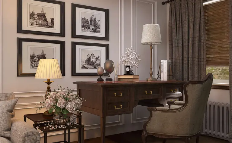Wnętrze gabinetu w stylu vintage z drewnianym biurkiem i decoracyjnymi obrazami.