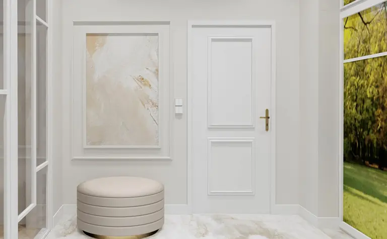 Przedpokój w stylu glamour z jasnym otoczeniem i nowoczesnym wystrojem