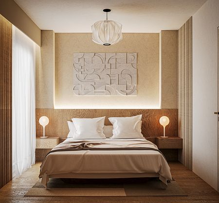 Sypialnia w stylu japandi i minimalistycznym z drewnianymi detalami.