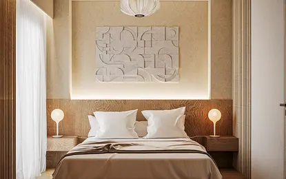 Sypialnia w stylu japandi i minimalistycznym z drewnianymi detalami.