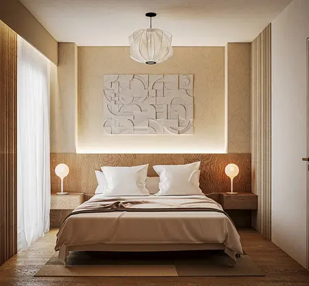 Sypialnia w stylu japandi i minimalistycznym z drewnianymi detalami.