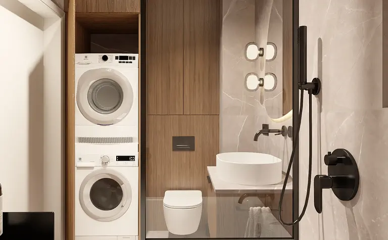 Wnętrze łazienki z elementami glamour, japandi i minimalistycznymi.