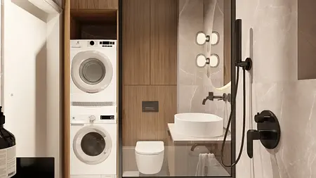 Wnętrze łazienki z elementami glamour, japandi i minimalistycznymi.