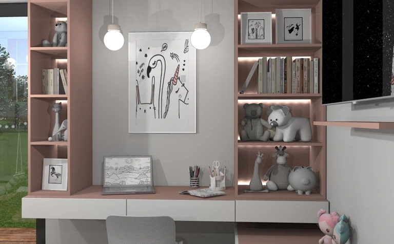 Wnętrze pokoju dziecięcego z biurkiem, różowymi akcentami, styl dopamine decor, industrialny, nowoczesny.