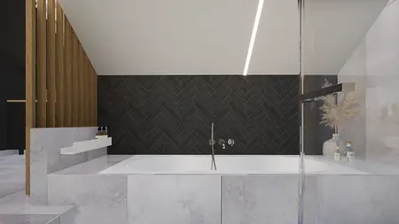 Nowoczesna łazienka z białą wanną, czarną ścianą i drewnianymi detalami, minimalistyczny styl.