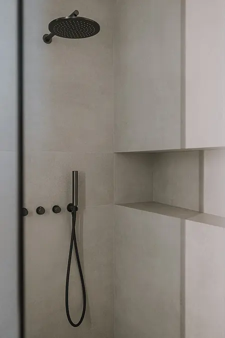 Wnętrze łazienki z prysznicem, minimalistyczny design, nowoczesne elementy, quiet luxury
