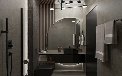 Nowoczesna łazienka z minimalistycznym wystrojem, czarną armaturą, szarymi ścianami i drewnianymi detalami.