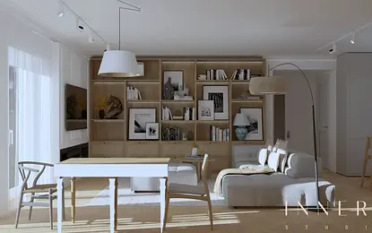 Wnętrze salonu w stylu rustykalnym i tradycyjnym z nowoczesnymi akcentami.